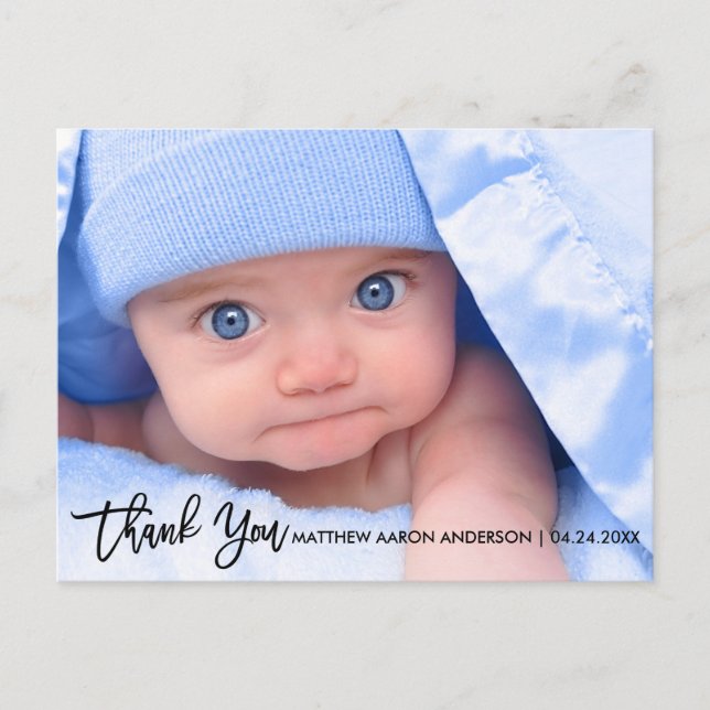 Modern Brush Script New Baby Thank You B Announcement Postcard (Front)