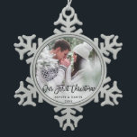 Modern Brush Script Our First Christmas Couple B Snowflake Pewter Christmas Ornament<br><div class="desc">Modern Brush Script Our First Christmas Couple Photo Ornament</div>