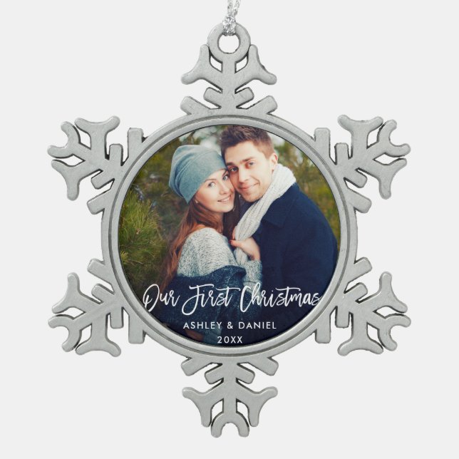Modern Brush Script Our First Christmas Couple Snowflake Pewter Christmas Ornament (Front)