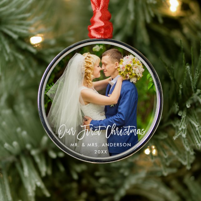 Modern Brush Script Our First Christmas Wedding Metal Ornament (Tree)