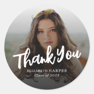 Modern Brush Script Photo Graduation Thank You Classic Round Sticker