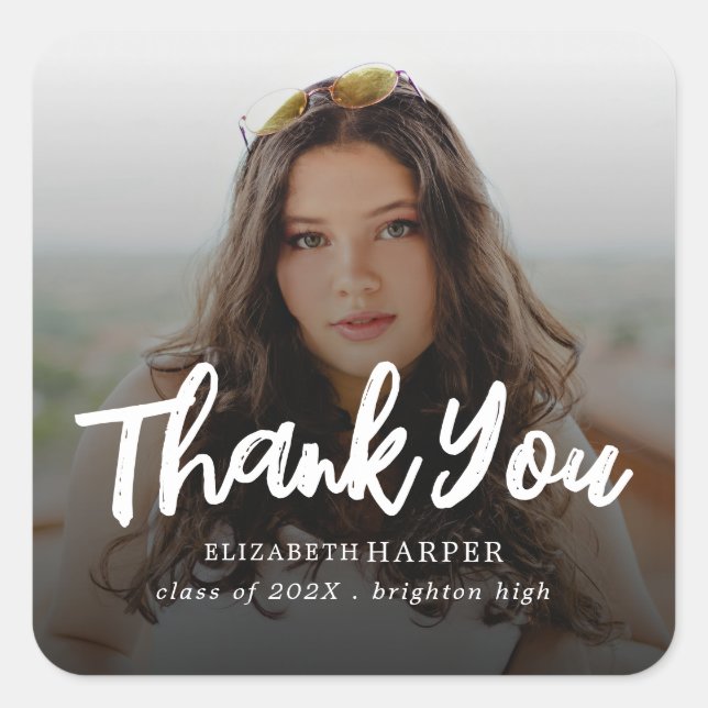 Modern Brush Script Photo Graduation Thank You Square Sticker (Front)
