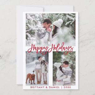 Modern Brush Script Photo Happy Holidays Red Holiday Card