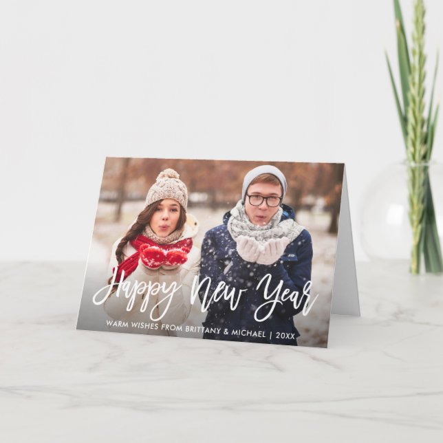 Modern Brush Script Photo Happy New Year Fold Holiday Card (Front)