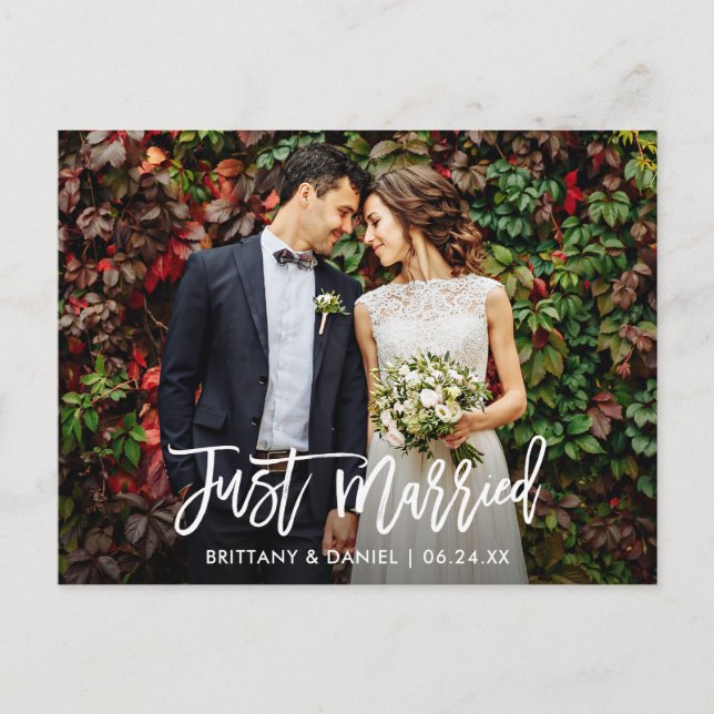 Modern Brush Script Photo Just Married Postcard (Front)