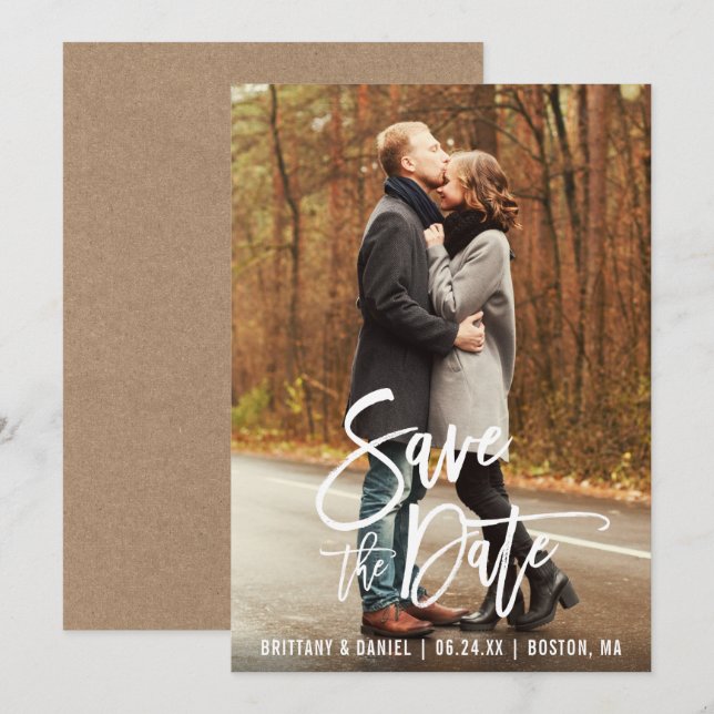 Modern Brush Script Photo Kraft Save The Date Card (Front/Back)