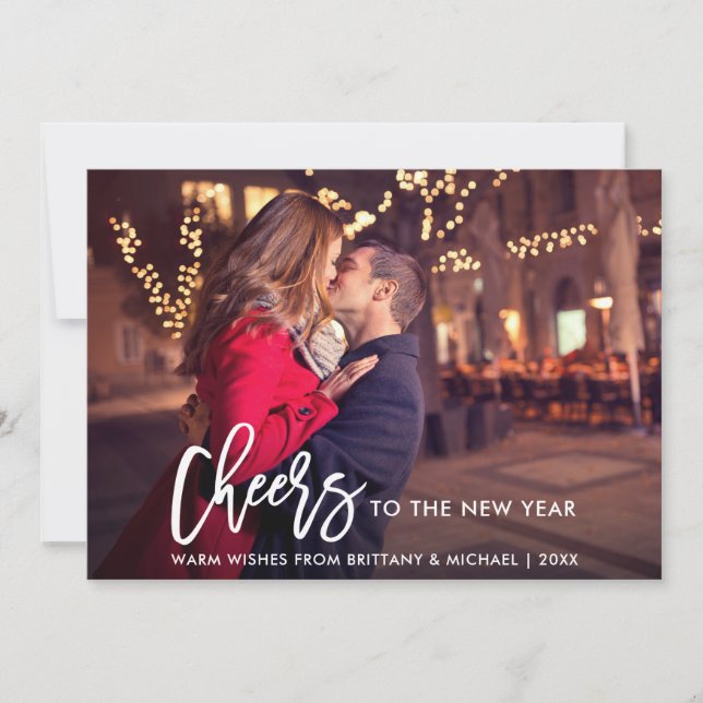Modern Brush Script Photo New Year Cheers Holiday Card (Front)