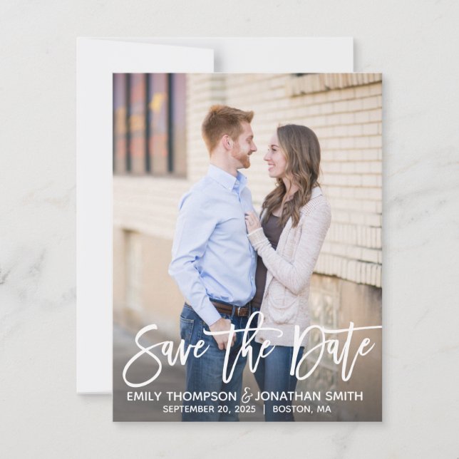 Modern Brush Script Photo Save the Date Card (Front)