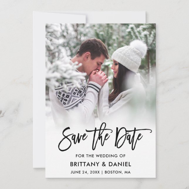Modern Brush Script Photo Save The Date Card B (Front)