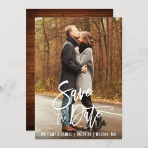 Modern Brush Script Photo Save The Date Card Wood