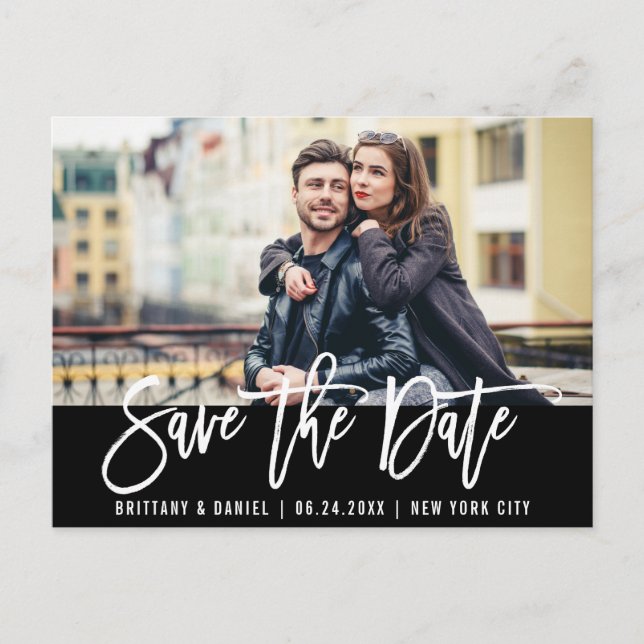 Modern Brush Script Photo Trendy Save The Date Postcard (Front)