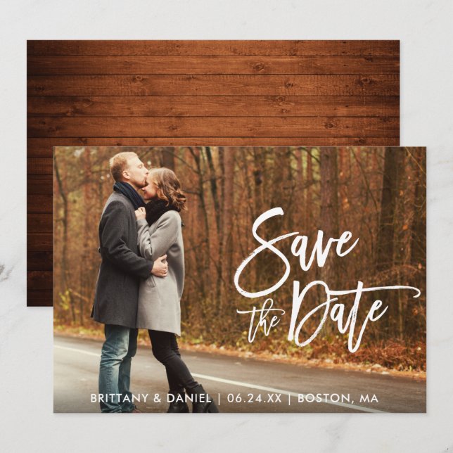 Modern Brush Script Photo Wood Save The Date Card (Front/Back)