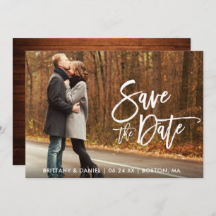 Modern Brush Script Photo Wood Save The Date Card