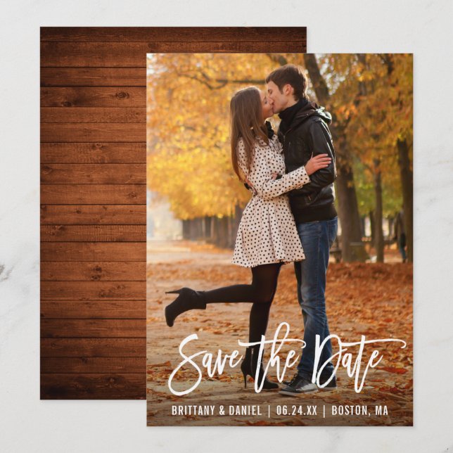 Modern Brush Script Photo Wood Save The Date Card (Front/Back)