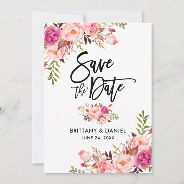 Modern Brush Script Pink Blush Floral Save The Date (Front)