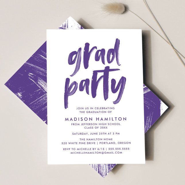 Modern Brush Script Purple Graduation Party Invitation (Creator Uploaded)