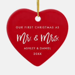 Modern Brush Script  Red First Christmas Mr. Mrs. Ceramic Ornament