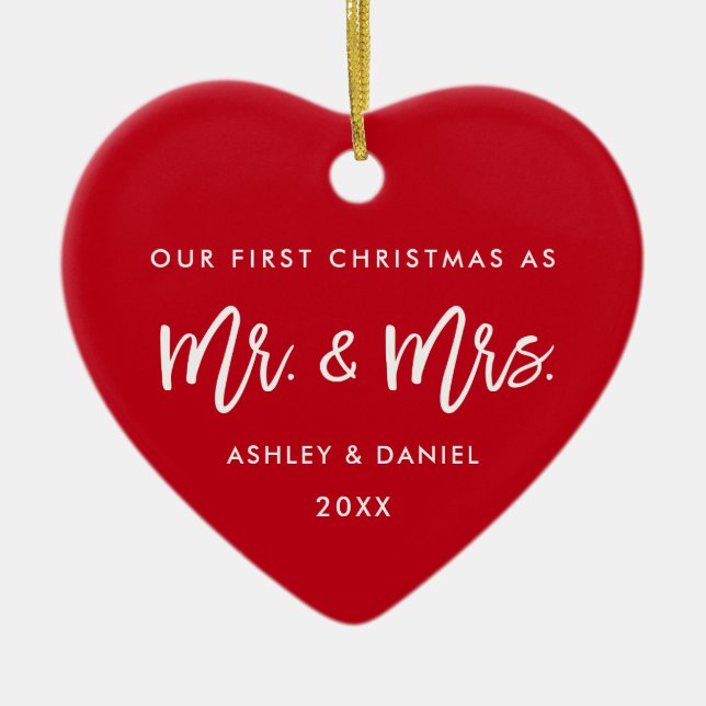 Modern Brush Script  Red First Christmas Mr. Mrs. Ceramic Ornament (Front)