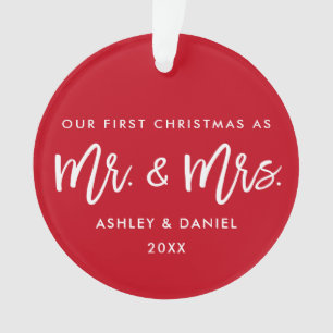 Modern Brush Script Red First Christmas Mr. Mrs. Ornament