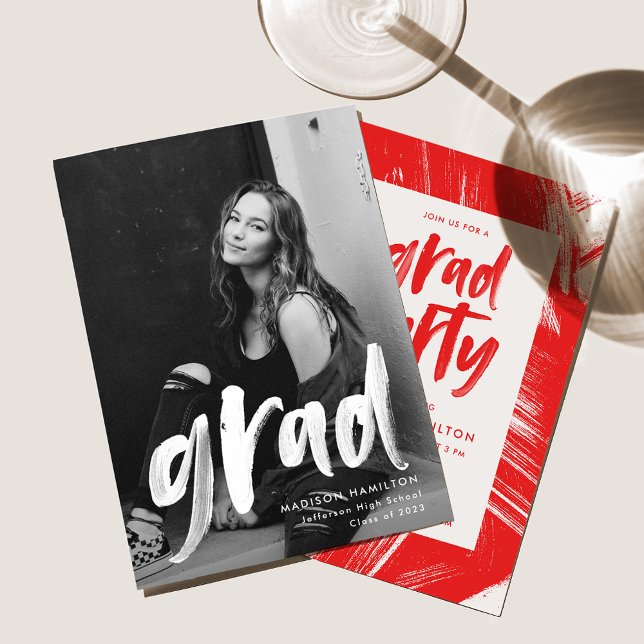 Modern Brush Script Red Photo Graduation Party Invitation (Creator Uploaded)