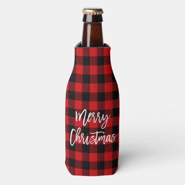 Modern Brush Script Red Plaid Christmas Bottle Cooler (Bottle Front)