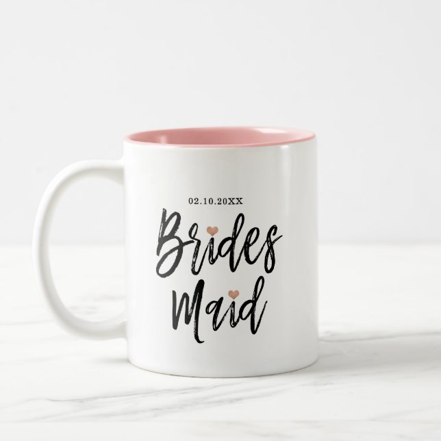 Modern Brush Script Rose Gold Hearts Bridesmaid Two-Tone Coffee Mug (Left)