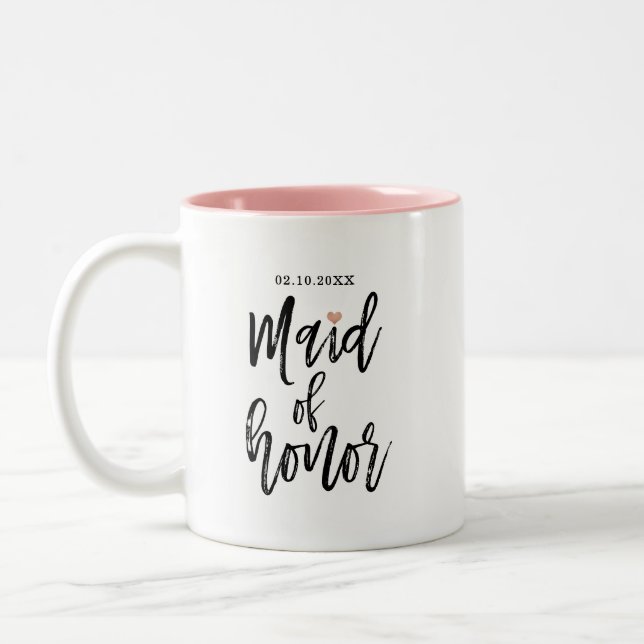 Modern Brush Script Rose Gold Hearts Maid of Honou Two-Tone Coffee Mug (Left)