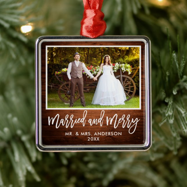 Modern Brush Script Rustic Wood Married and Merry Metal Ornament (Tree)