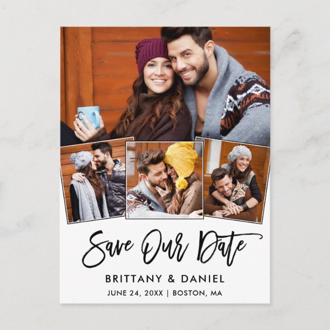 Modern Brush Script Save Our Date 4 Photo Couple Postcard (Front)
