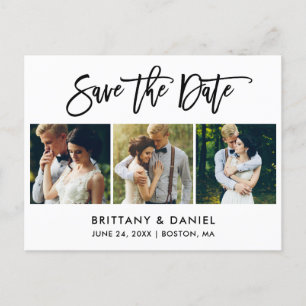 Modern Brush Script Save The Date 3 Photo Announcement Postcard