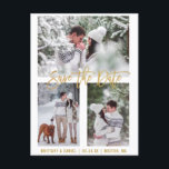 Modern Brush Script Save The Date 3 Photo Gold Postcard<br><div class="desc">Modern Brush Script Save The Date Engagement Couple 3 Photo Gold Postcard</div>