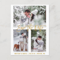 Modern Brush Script Save The Date 3 Photo Gold