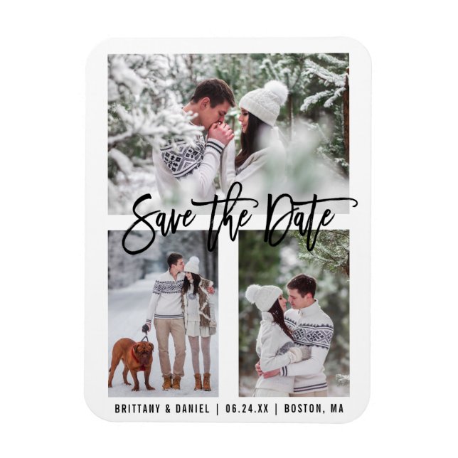 Modern Brush Script Save The Date 3 Photo Magnet (Vertical)