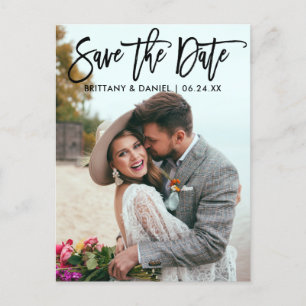 Modern Brush Script Save The Date Couple Photo B Postcard