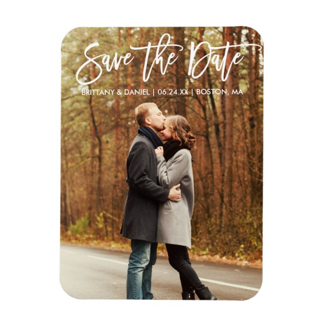 Modern Brush Script Save The Date Couple Photo Magnet (Vertical)