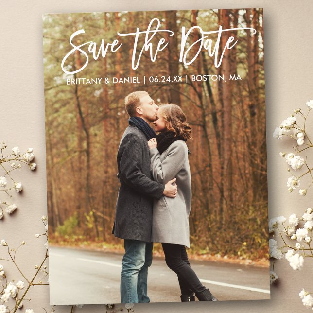 Modern Brush Script Save The Date Couple Photo Postcard (Customize to change your personalized text size or text style.)