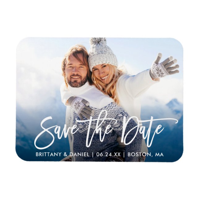 Modern Brush Script Save The Date Couple Photo W Magnet (Horizontal)