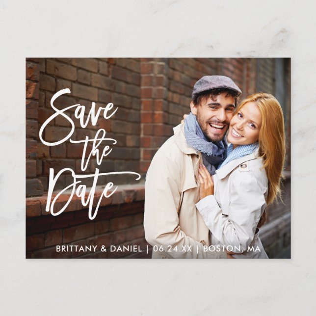 Modern Brush Script Save The Date Couple Photo W Postcard (Front)