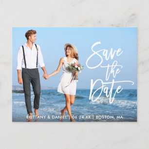 Modern Brush Script Save The Date Couple Photo WS Postcard