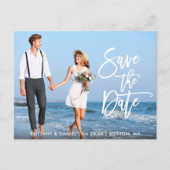 Modern Brush Script Save The Date Couple Photo WS Postcard (Front)