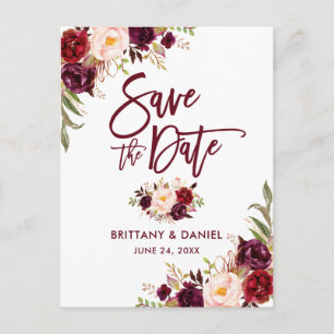 Modern Brush Script  Save the Date Floral Burgundy Announcement Postcard