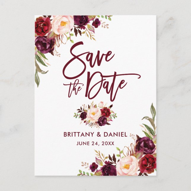 Modern Brush Script  Save the Date Floral Burgundy Announcement Postcard (Front)