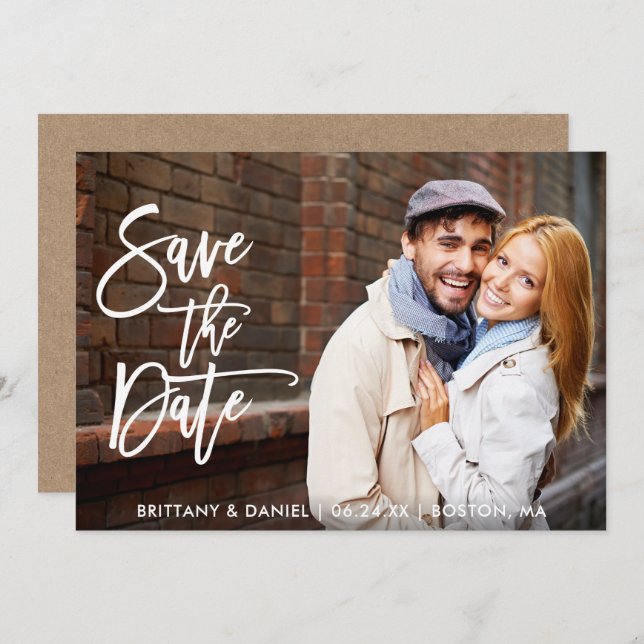 Modern Brush Script Save The Date Kraft Photo Card (Front/Back)