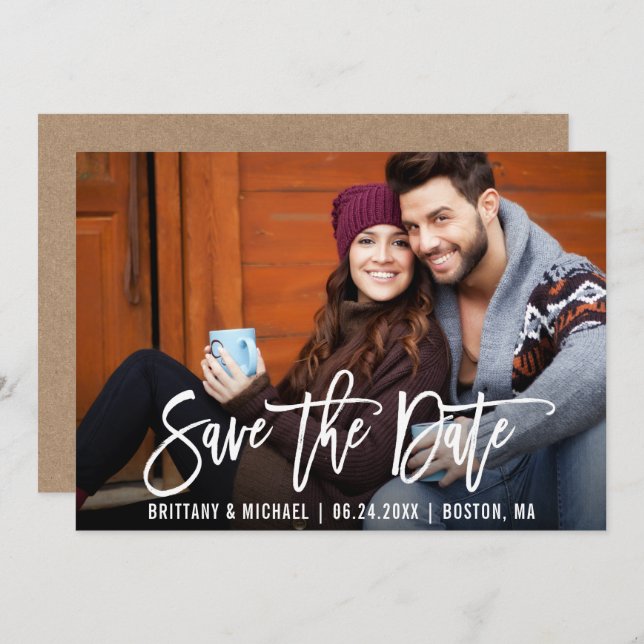 Modern Brush Script Save The Date Photo Kraft Card (Front/Back)