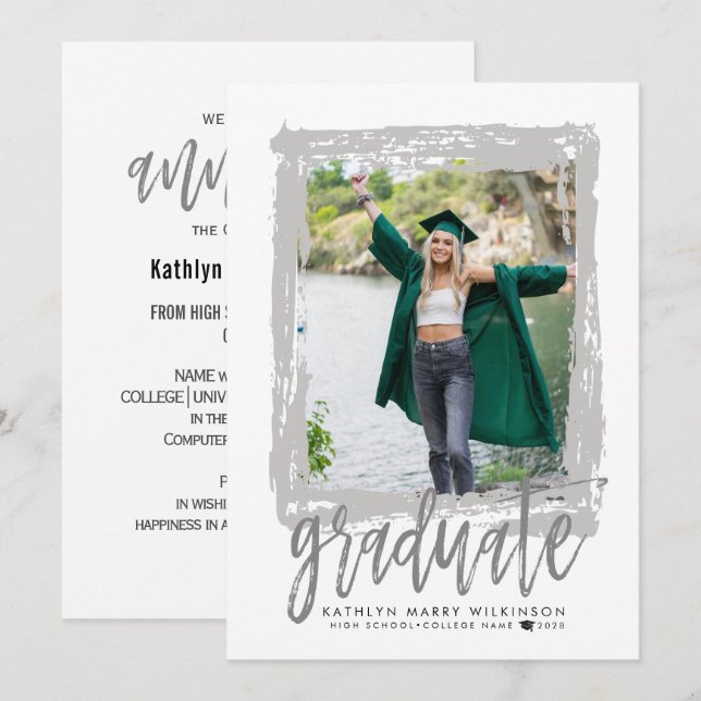 Modern Brush Script Silver Photo Graduation Party Announcement (Front/Back)