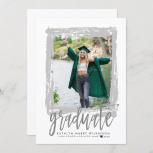 Modern Brush Script Silver Photo Graduation Party Announcement