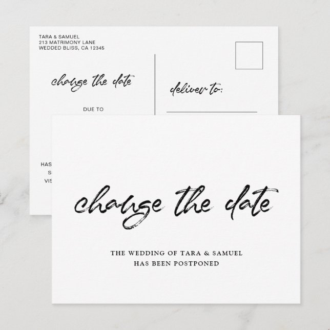 Modern Brush Script Simple Wedding Change the Date Announcement Postcard (Front/Back)
