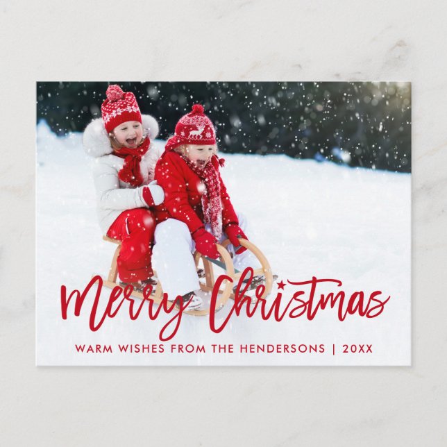 Modern Brush Script Star Photo Christmas Red Postcard (Front)
