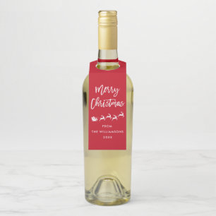 Modern Brush Script Star Santa Merry Christmas Bottle Tag