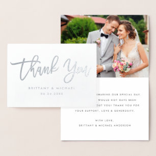 Modern Brush Script Thank You Wedding Photo Silver Foil Card